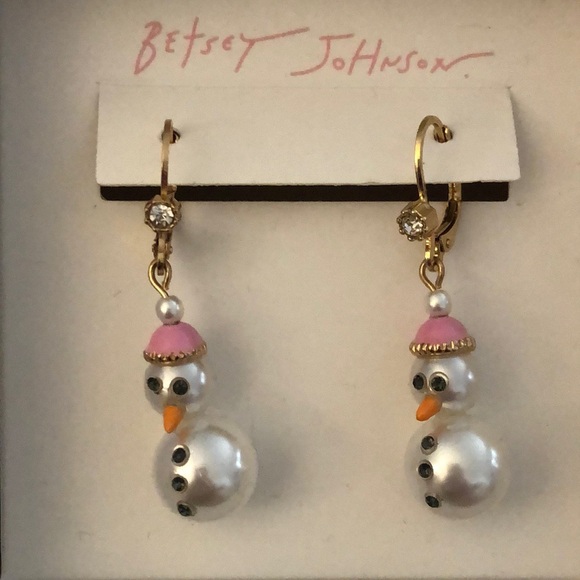 Betsey Johnson Gold Tone White Faux Pearl Snowman Drop Earrings Crystal NIB - Picture 6 of 12